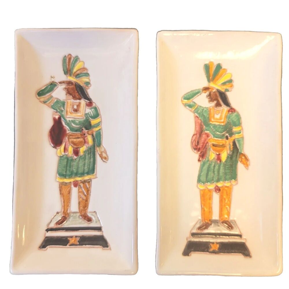 Vintage Italy Art Pottery Catch Aztec Mayan Warrior Mid Century Handmade 2 Dishe